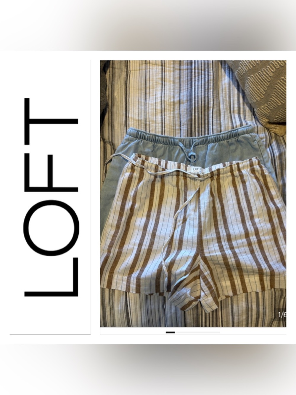 Two pair of LOFT  Light Blue Solid & Brown-Striped Linen Blend Shorts. Like new